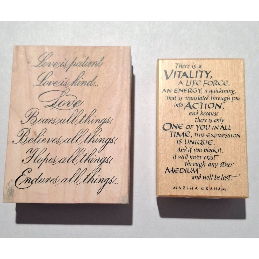 2 Vintage Wood Mounted Rubber Stamps Love is Patient & Martha Graham Quote